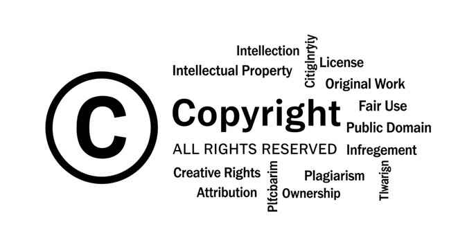 Black and white vector word cloud featuring a copyright symbol and legal terms like intellectual property, license, fair use, and all rights reserved.