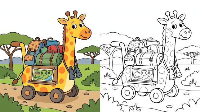 Cute cartoon giraffe on a safari adventure, pulling a cart loaded with travel gear and camping equipment through a savanna landscape