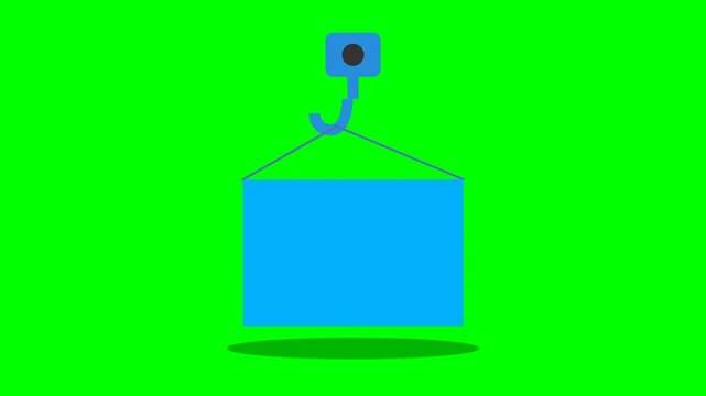 Blue banner hanging from crane hook on green screen background.