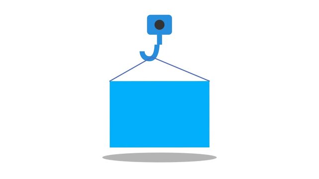Blue container being lifted by a crane hook on a white background.