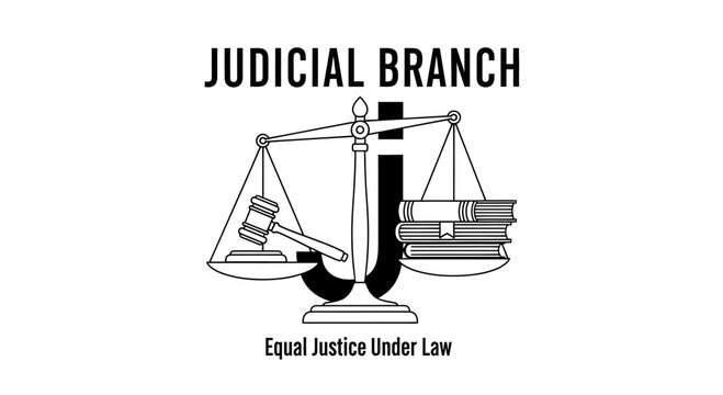 A clean black and white judicial branch logo featuring scales of justice, a gavel, a stack of law books, and a large letter 'J'. Includes text "JUDICIAL BRANCH" and "Equal Justice Under Law".