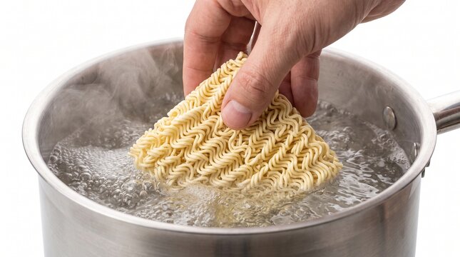 Instant noodles being cooked in boiling water in a metal pot