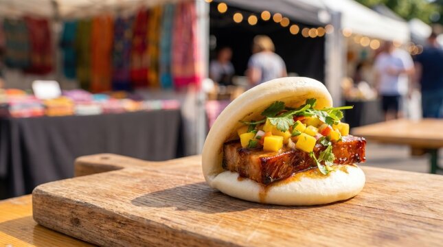 Pork belly bao bun with mango salsa on a wooden board at a street food market stall