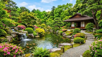 Fototapeta premium Traditional Japanese garden with wooden teahouse, serene koi pond with waterfall, lush zen landscape with blooming flowers and stone path