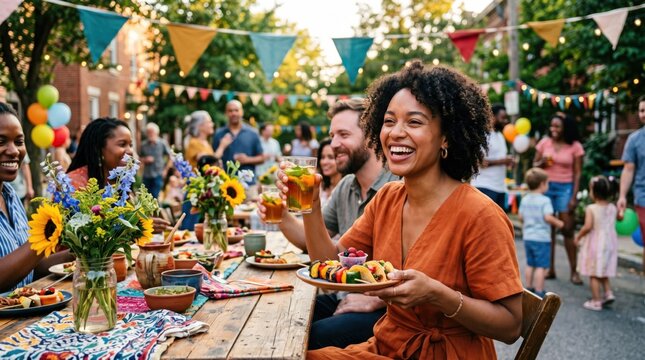 Happy multiethnic adult friends celebrating at a vibrant neighborhood street party and outdoor dinner gathering