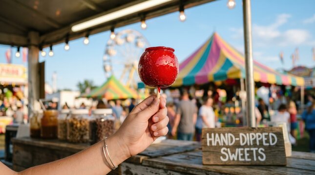 Person holding shiny red candy apple at a vibrant summer carnival with a ferris wheel and colorful tents in the background, representing sweet treats and fun fair experiences.