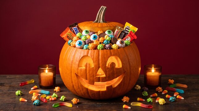 Carved pumpkin filled with halloween popcorn and candies near candles on red background