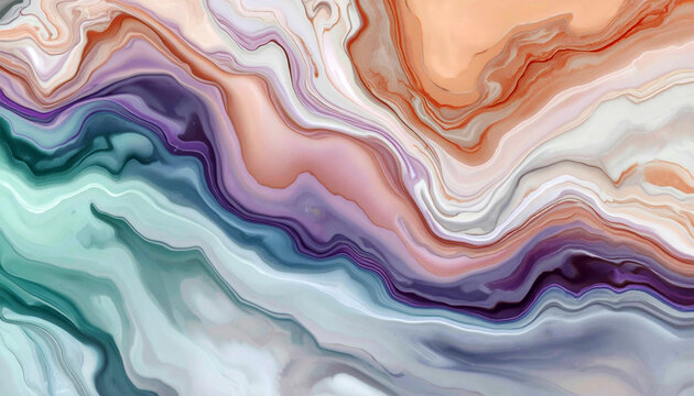 Abstract Marble Background with Teal Purple and Orange Fluid Swirls