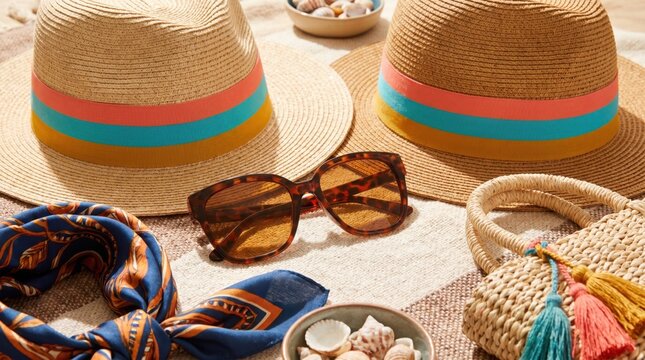 Flat lay of summer vacation essentials with straw hats, sunglasses, and beach bag for holiday travel
