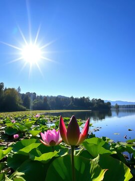 Morning sun illuminates serene lake scene with lotus pose, natural, balance