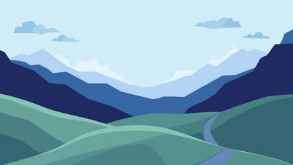 Obraz premium Scenic mountain landscape with green hills and winding road flat vector illustration background
