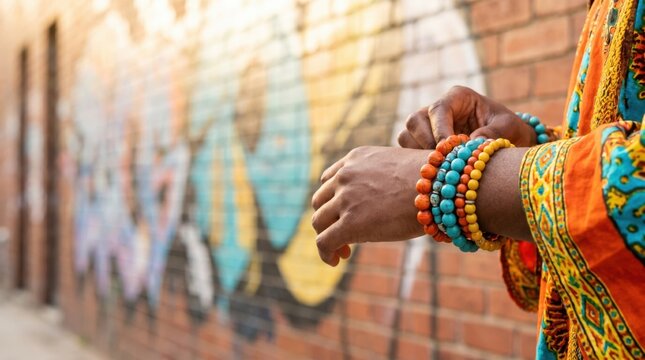 African man wearing colorful beaded bracelets and traditional clothing near a brick wall with street art graffiti in an urban setting