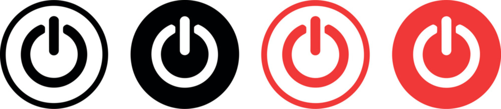 Power button icons set with black and red options, symbolizing on or off state. Vector illustration