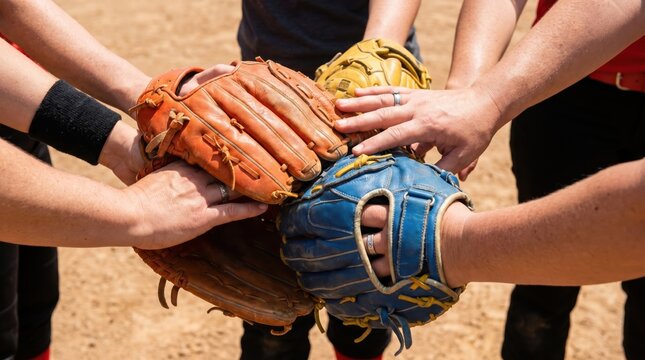 Softball players piling their hands together wearing gloves showing team spirit and unity