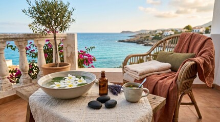 Naklejka na ściany i meble Relaxing spa setup on a balcony overlooking the sea with flowers and essential oils for wellness