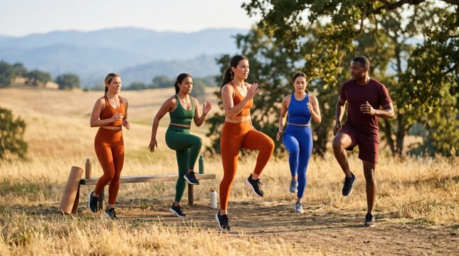 Multiracial adult fitness group doing high knees workout exercise outdoors in nature during morning cardio training session
