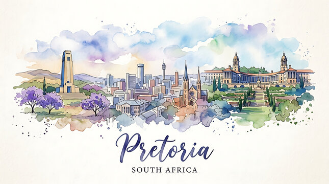 Stylized watercolor illustration of Pretoria's skyline and historic architecture capturing South Africa's vibrant cityscape and