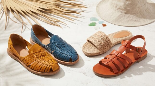 Summer footwear collection featuring handmade leather huarache sandals and straw slip-ons for seasonal travel fashion and beach lifestyle concepts