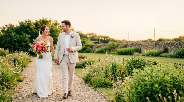Happy bride in white wedding dress and groom in beige suit walking outdoors in a scenic garden path holding hands