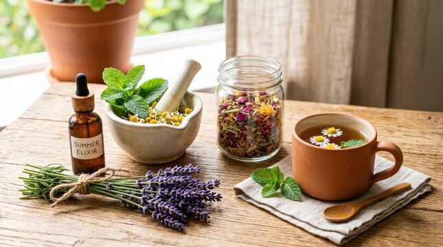 Herbal medicine preparation with dried lavender flowers, mortar, herbal tea, and essential oil bottle on wooden table