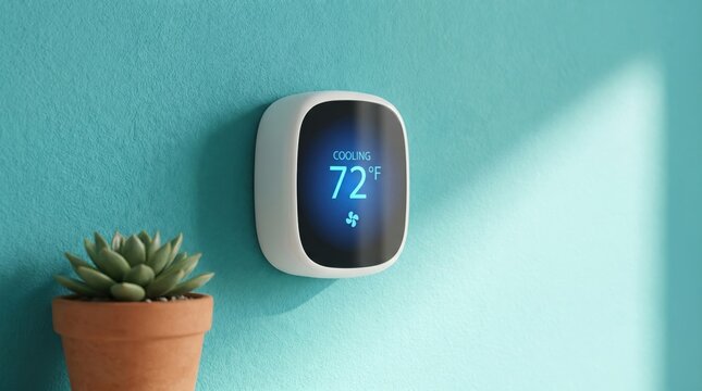 Modern smart thermostat mounted on a blue wall showing 72 degrees for cooling temperature control and home automation concept