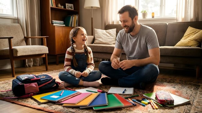 Father helping daughter prepare school supplies at home.