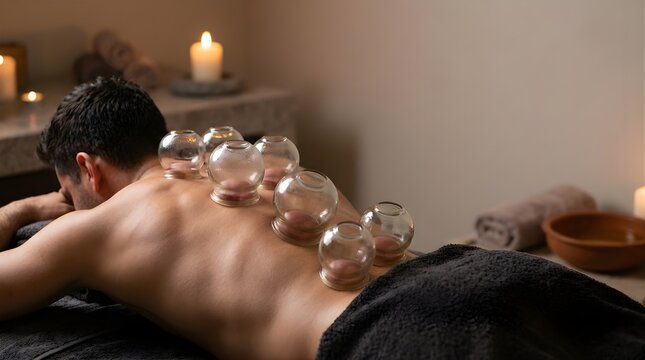 Man receiving cupping therapy treatment on his back in a spa salon