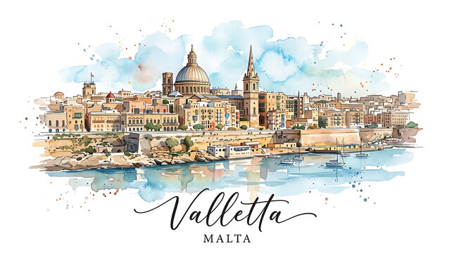Scenic watercolor illustration of Valetta Malta featuring historic architecture and majestic skyline viewed over waterfront