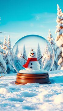 Frozen landscape with snowman in a snow globe, surrounded by snowy trees and blue sky, seasonal, winter wonderland