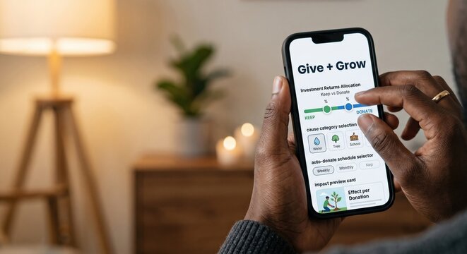 Close up of hands holding smartphone adjusting investment returns donation allocation on mobile app