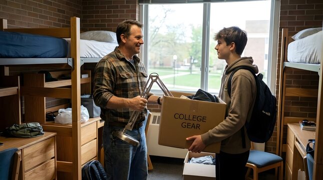 Father helping son move boxes into college dorm room.