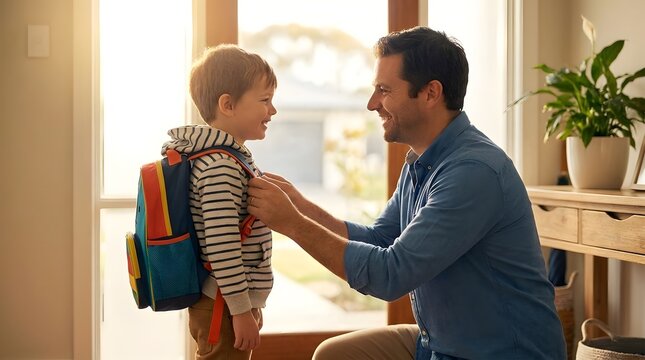 Father helping son put on backpack for school.