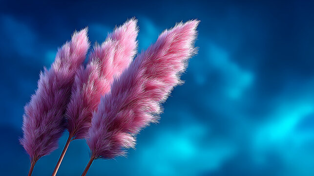 Three fluffy pink pampas grass plumes against a vivid deep blue textured background