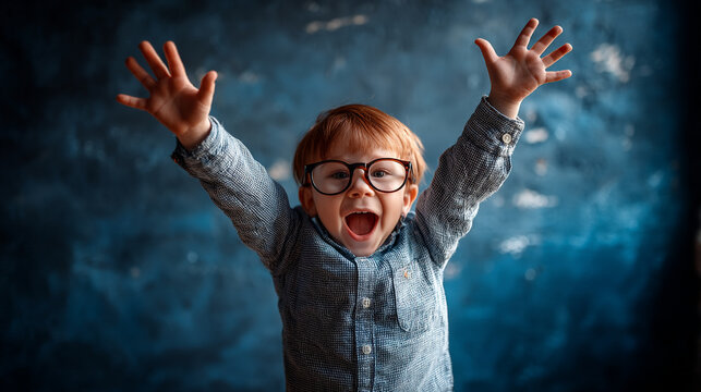 A young child wearing large glasses with arms raised in a moment of joyful excitement