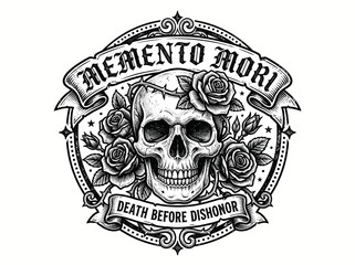 Fototapeta premium Outlaw biker style memento mori badge with skull and roses emblem featuring death before dishonor text