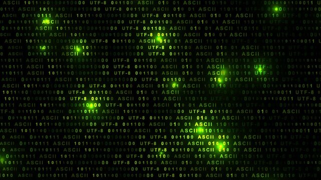 Bright green glowing tech background with binary code matrix digital numbers. Seamless looping motion design. Video animation Ultra HD 4K 3840x2160