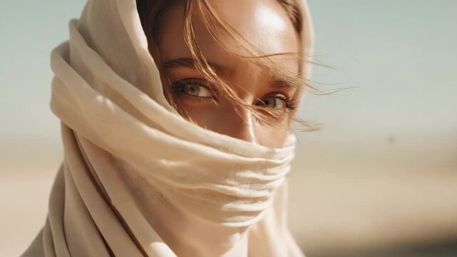 A woman gazes into the camera with striking eyes, partially covered by a sheer scarf. Soft lighting enhances her features, creating an intimate and alluring atmosphere.
