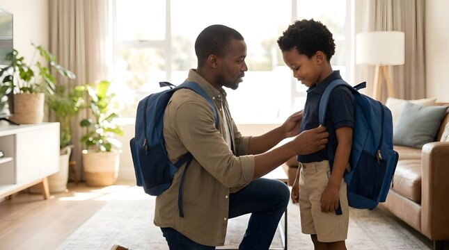 Father helping young son put on backpack at home.