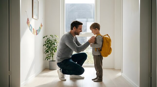 Father helping young son put on school backpack.
