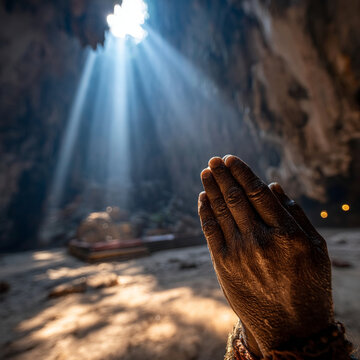 Person praying with hands clasped inside a vast limestone cave illuminated by bright