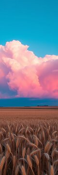Magenta-tinted clouds unfurl across a cerulean sky at dawn, amidst a sea of golden wheat in North Dakota's rolling hills, rural landscape, farmland