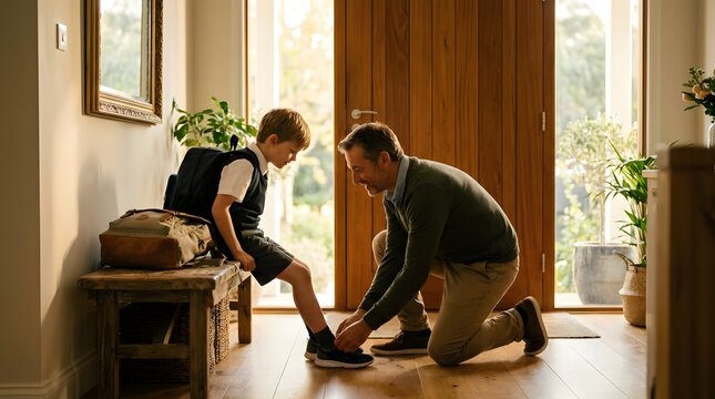 Father helping young son tie shoes in home entryway.