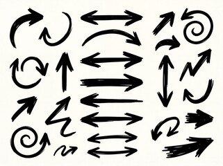 Fototapeta premium Hand drawn black ink arrows set sketchy doodle pointers and direction symbols