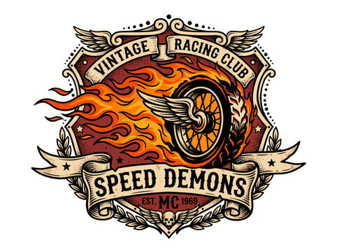 Vintage Motorcycle Racing Club Emblem with Flaming Winged Wheel and Biker Speed Demons Badge Design