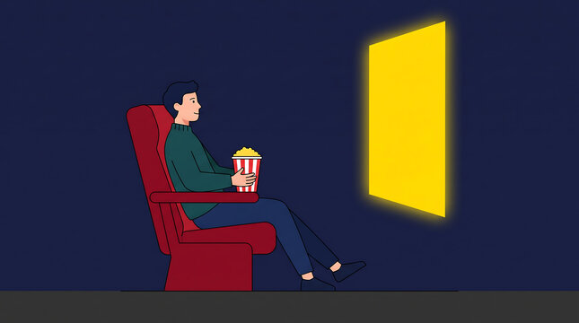 Man sitting in a red cinema seat watching glowing movie screen holding popcorn flat vector illustration