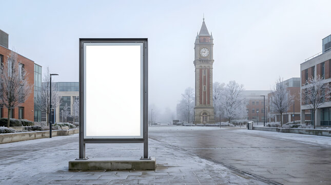 Blank vertical billboard mockup in winter campus square with clock tower background