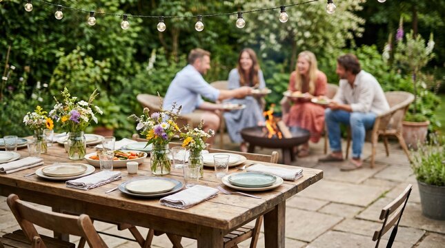 Friends gathering around a cozy backyard fire pit and dining table with flowers and string lights for an outdoor dinner party