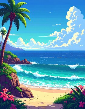 A vibrant tropical beach scene with palm trees, rocky cliffs, pink flowers, turquoise waves, and a bright blue sky filled with fluffy clouds.
