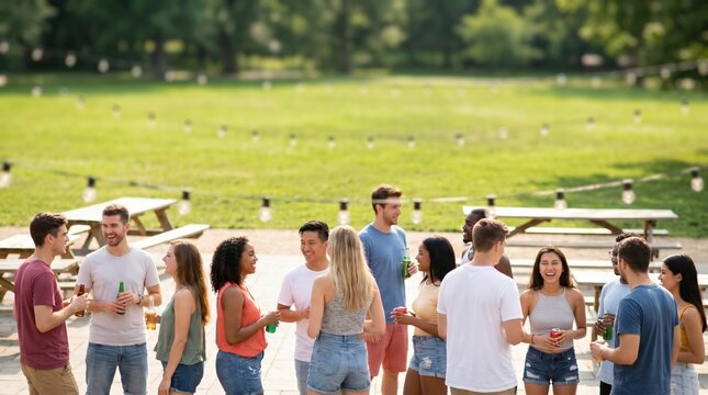Diverse group of young adult friends enjoying an outdoor picnic party together in a sunny park setting, representing socialization, friendship, and summer celebration.