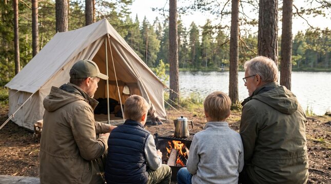 Family camping trip by the lake with father, grandfather and two boys sitting around a campfire near a tent in the forest